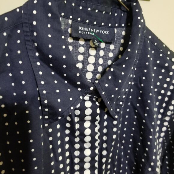 Jones New York Blouse Navy White Shirt Polka Dots Large Modern Office - Picture 2 of 6